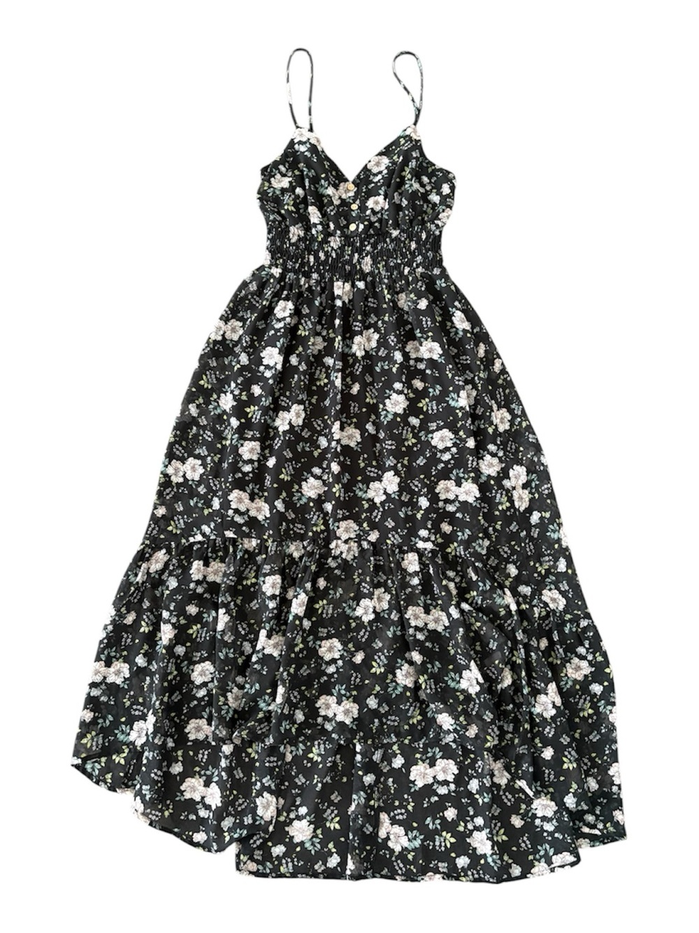 Sweet Storm Black Floral High-Low Tiered Boho Flowy Midi / Maxi Dress Medium - Picture 6 of 8